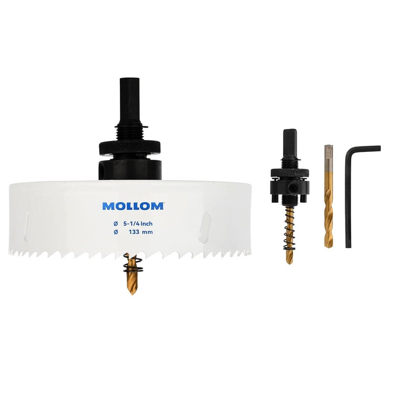 Mollom (133mm | 5-1/4") HSS M42 with 8% Cobalt BI-Metal Hole Saw with 2 Pilot Drill Bits & Arbor Smooth Cutting for PVC,Drywall,Wood,Plastic,Gypsum Board,Rubber - Image 1